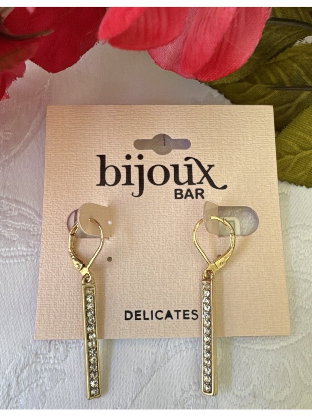 Bijoux Delicates Dainty Earrings Dangle Gold Tone Bar Rhinestones 1 3/4" NEW